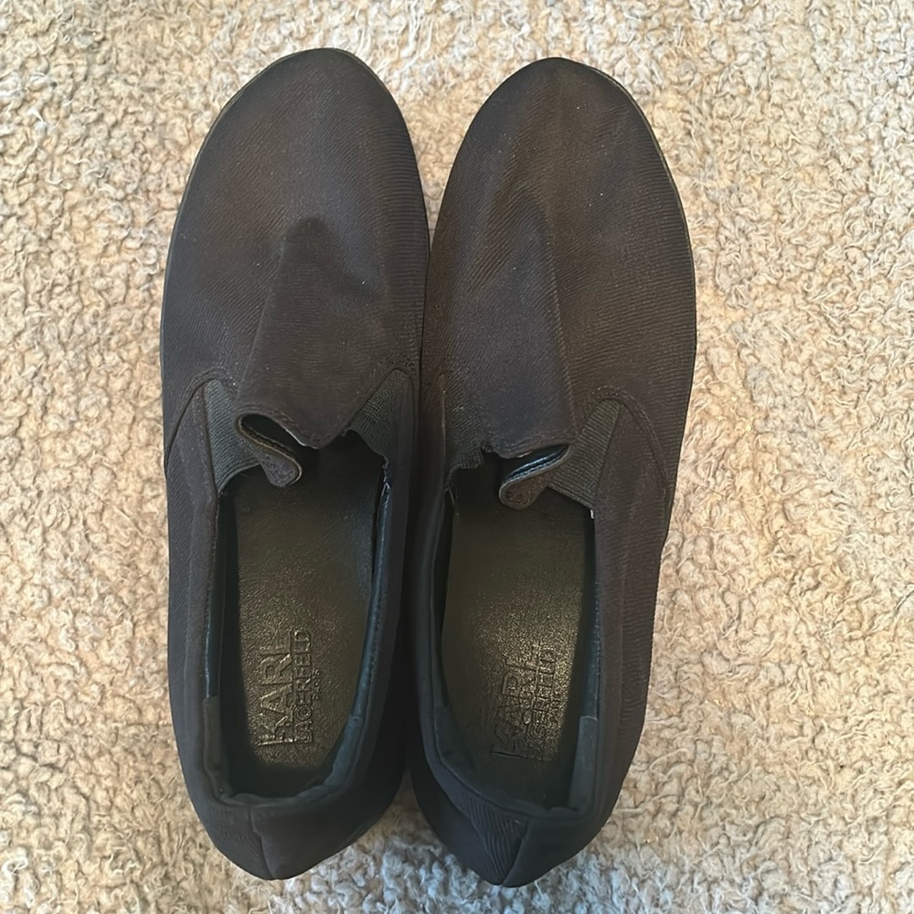 Great condition Karl Lagerfeld blank on black platform canvas slip ons